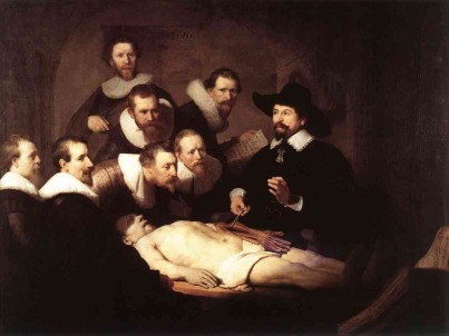 Aula de anatomia do Dr. Tulp – 1632.  Nesta obra, a curiosidade e o assombro estão estampados em cada face e em cada gesto. 